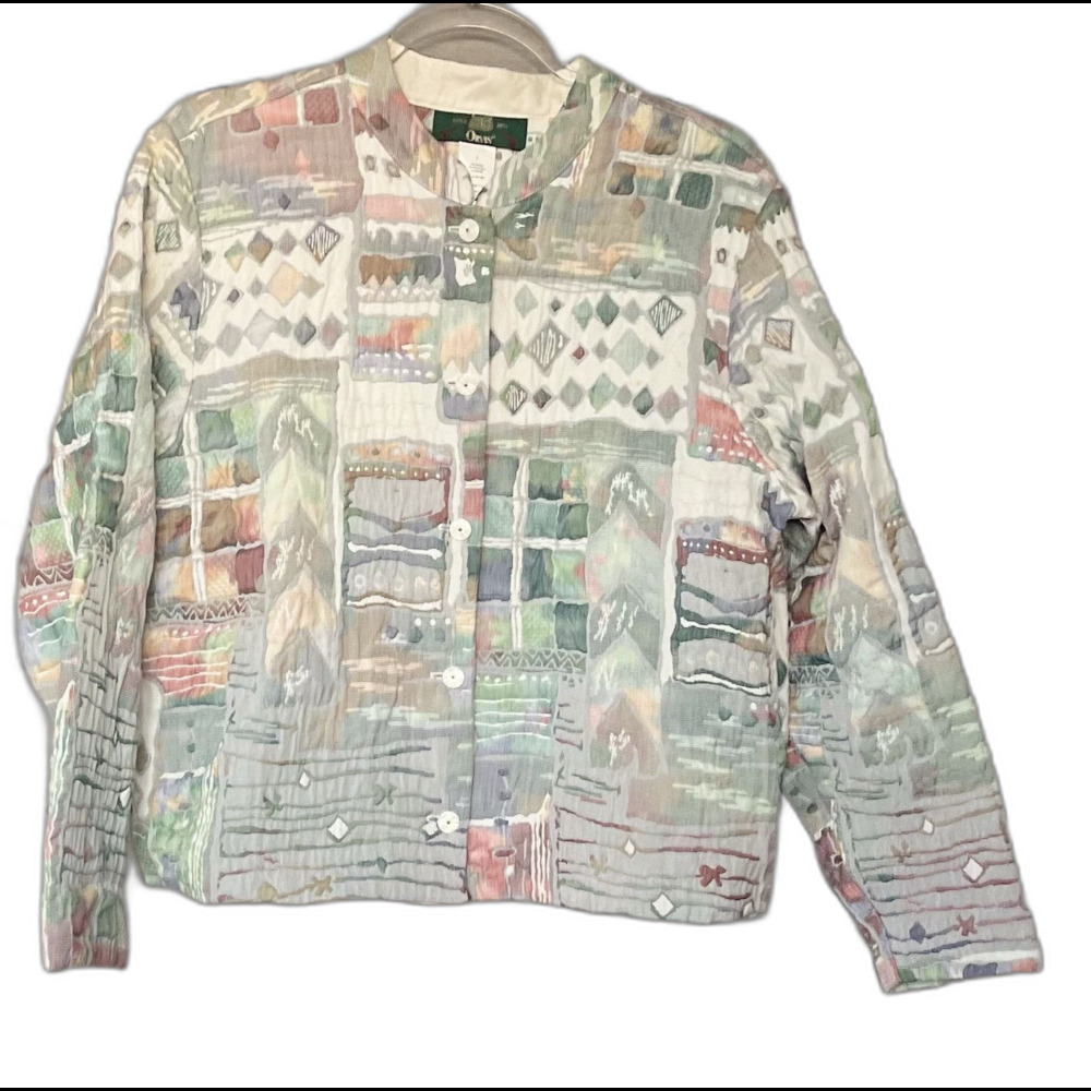 VTG Orvis Watercolor Embossed Jacket Aztec Art To Wear Womens L Pastel Cottage